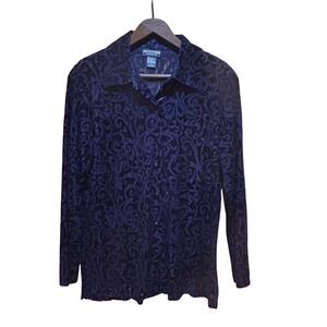 Vintage Y2K Notations Velvet Shirt Womens Size M Burnout Navy Witchy Whimsigoth‎